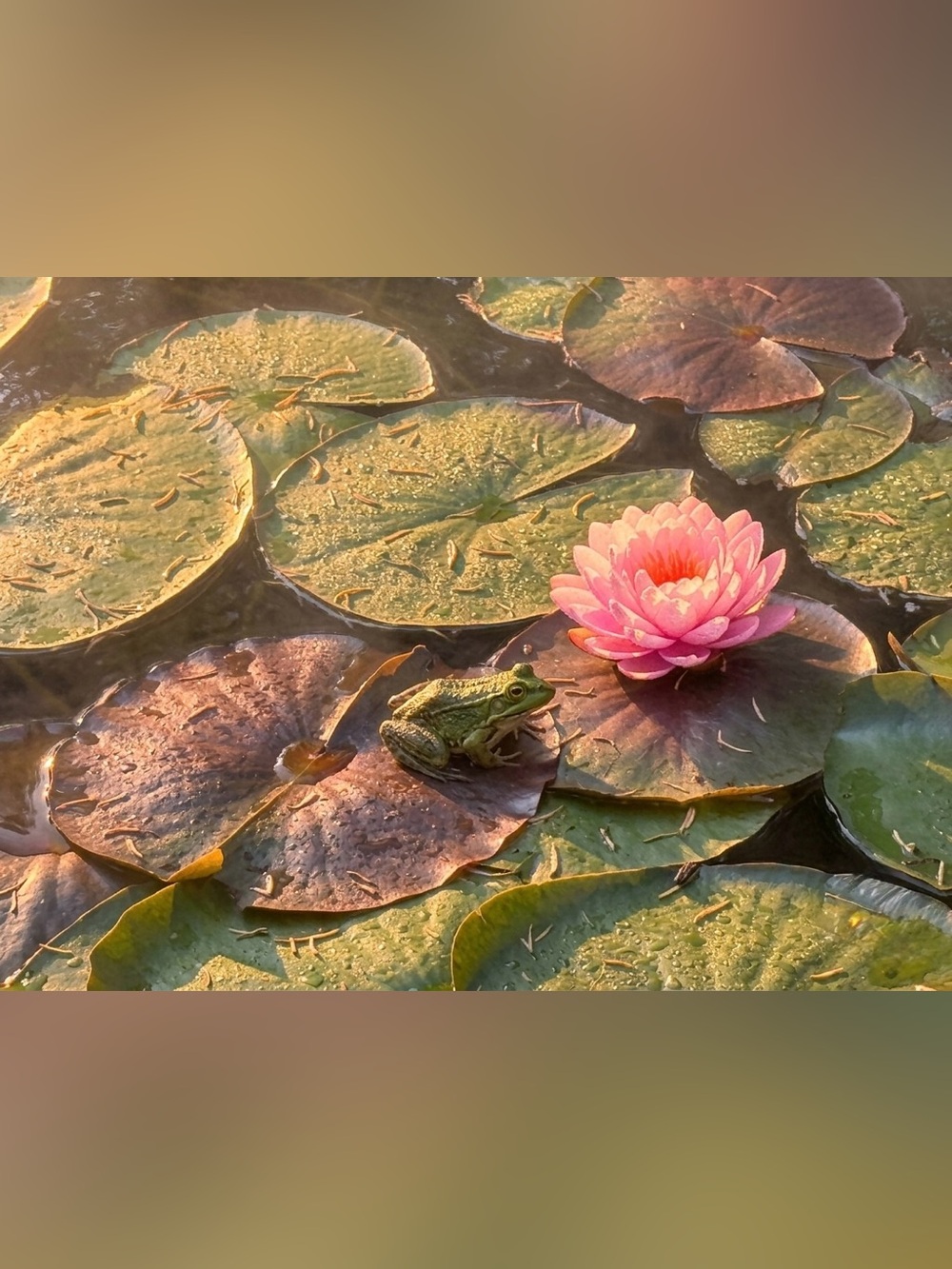 Pink Water Lily & Green Frog Pond Photography Wall Art